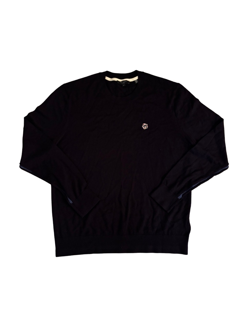 Ted Baker Black Wool Crewneck Sweater with Subtle Embroidered Floral Detail